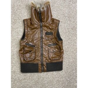 Me Jane Faux Leather Vest Brown Hooded Puffer Style Size M"